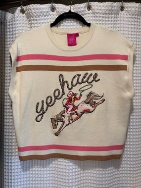 Queen of Sparkles Cream Sleeveless Sweater Vest with 'Yeehaw' Rodeo Embroidery
